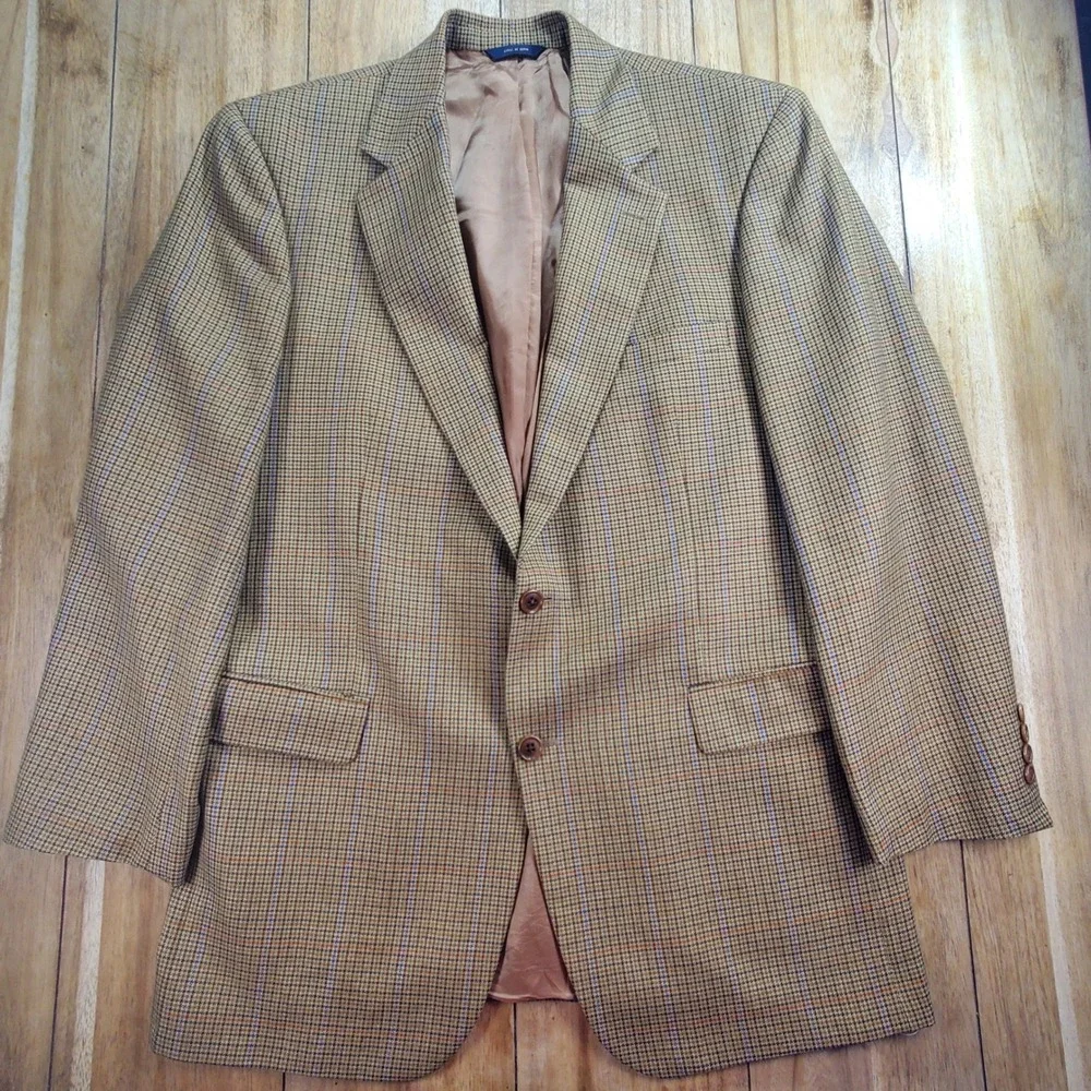 Vintage Brooks‎ Brothers Blazer Mens 42L Tan Wool Houndstooth Windowpane Italy